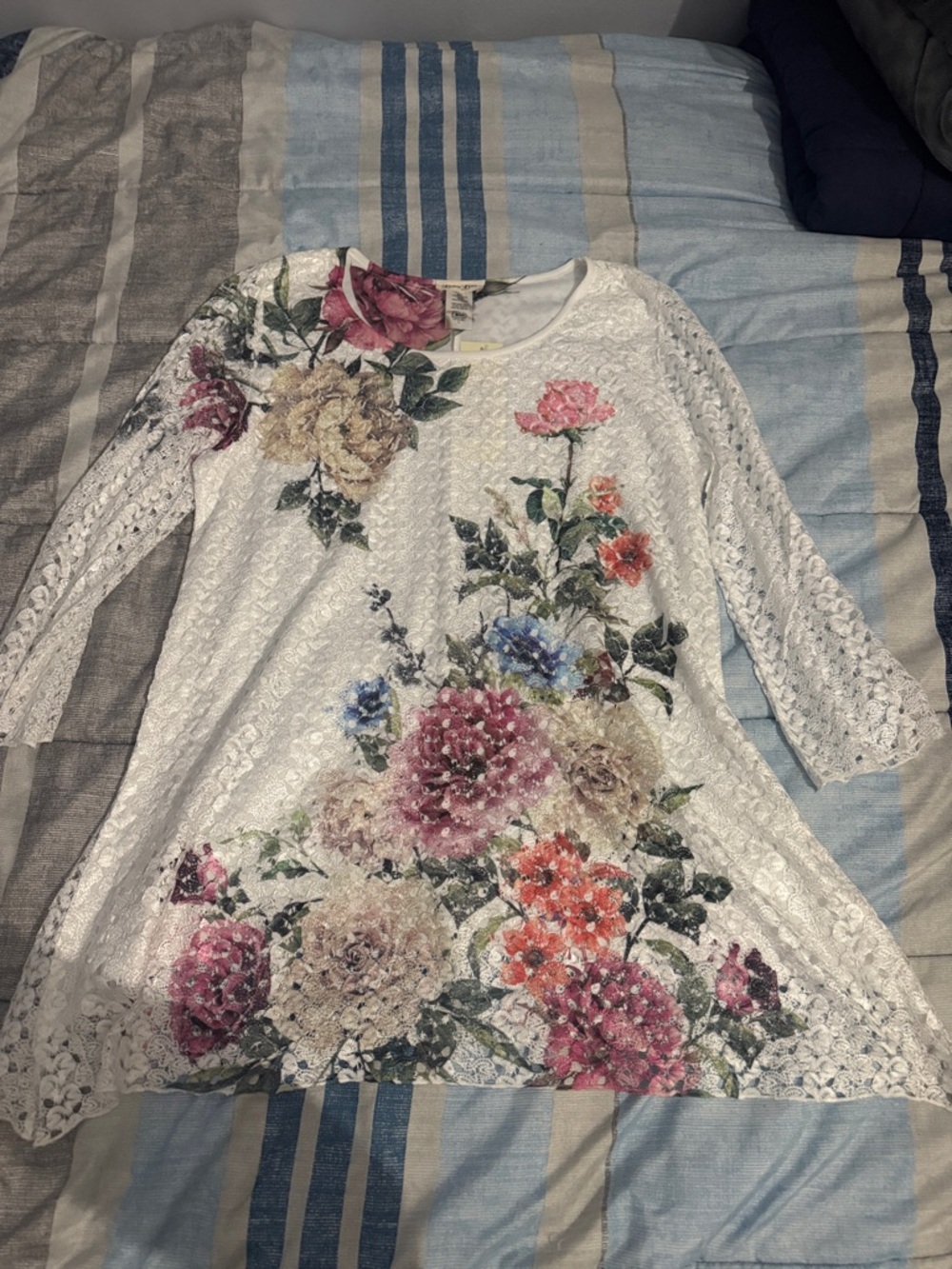 Brittany Black White Crochet Lace Tunic with Multicolor Floral Print